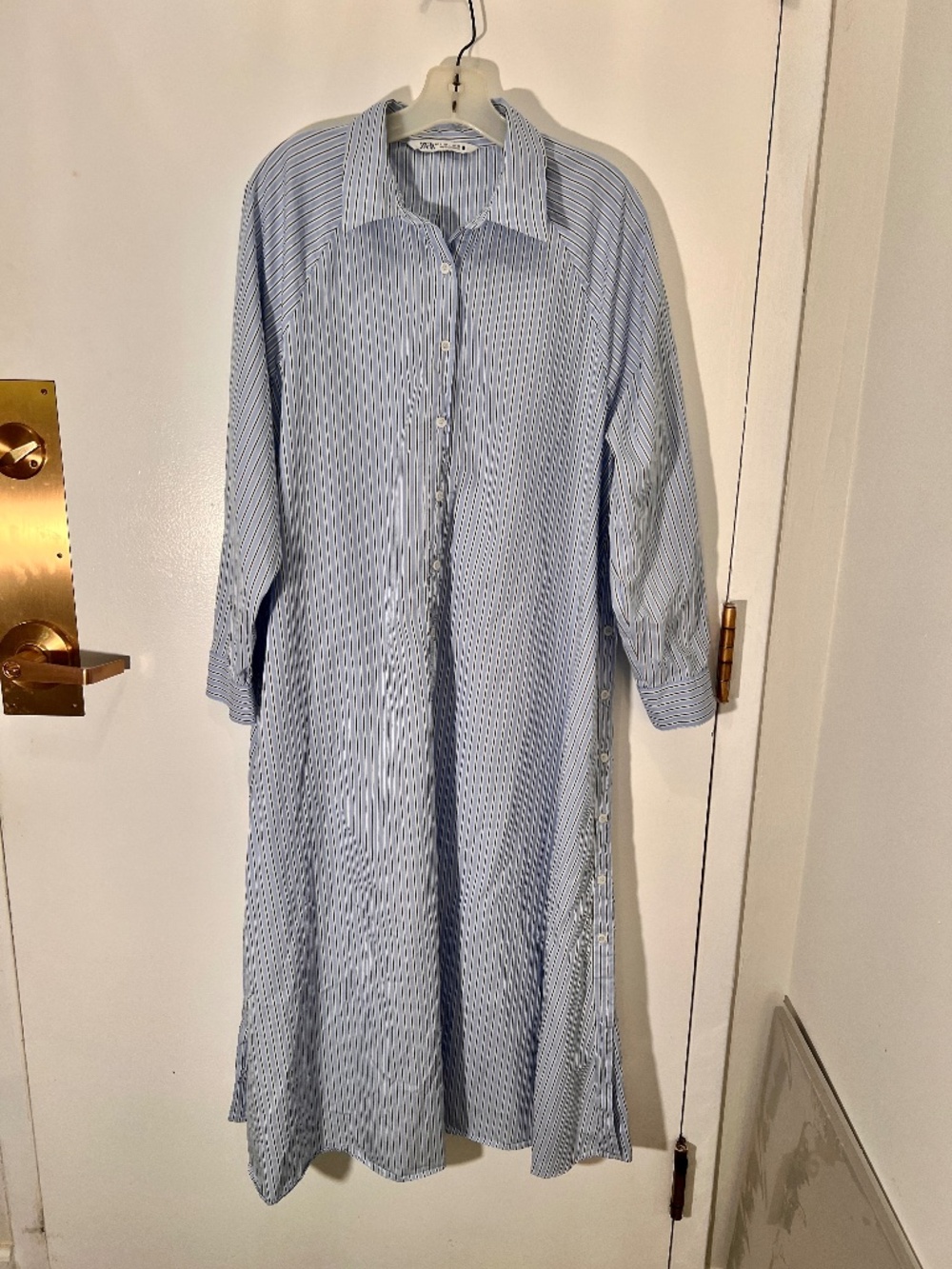 ZARA Women Blue Striped Button Down Belt Cotton Shirt Dress Size L - Picture 2 of 9
